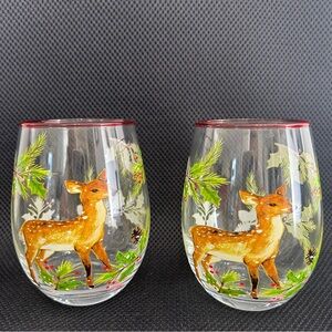 Robert Stanley Stemless Wine Glasses Deer Holly Set Of 2
